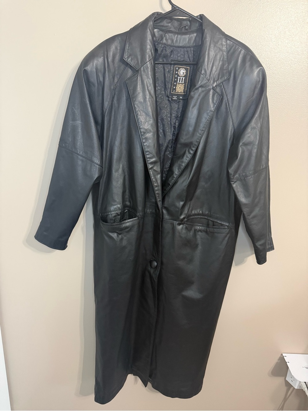 Vintage G-III Black Long Leather Trench Coat Duster Whimsigoth Grunge Women’s M